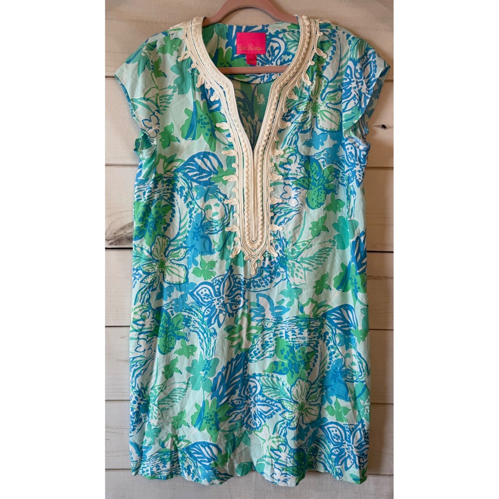 Lilly Pulitzer Blue Green Tropical Floral Soutache Trim Shift Dress Large